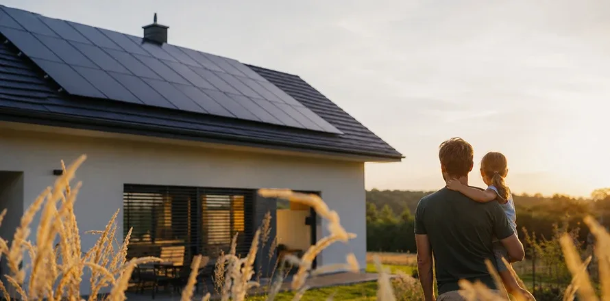 Rodinný dům s fotovoltaikou při západu slunce