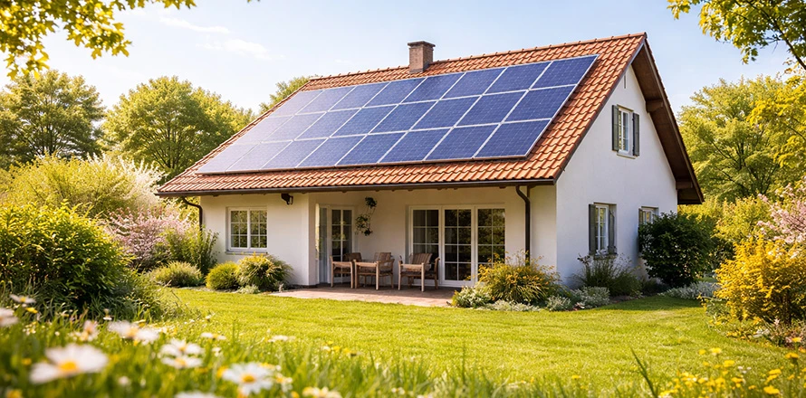 Rodinný dům s FVE na střeše v jarní zahradě
