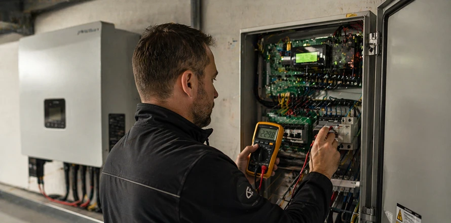 Technik kontroluje střídač a rozvaděč FVE