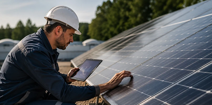 Technik kontroluje výkon fotovoltaických panelů