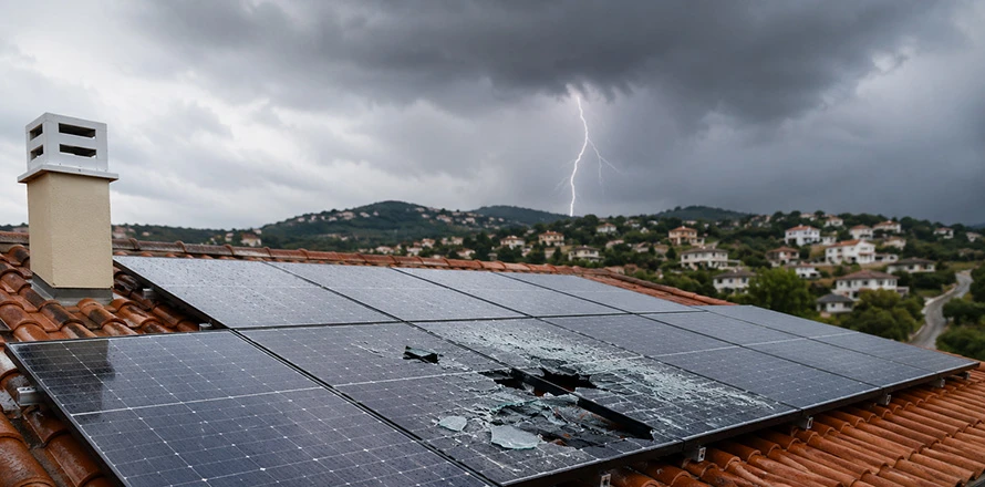 Poškozené fotovoltaické panely po silné bouřce