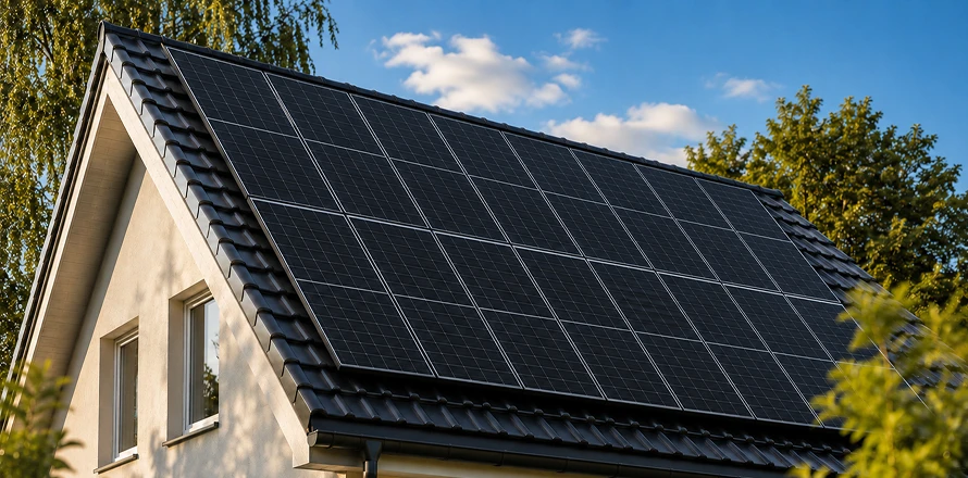 Instalace fotovoltaických panelů na rodinném domě.