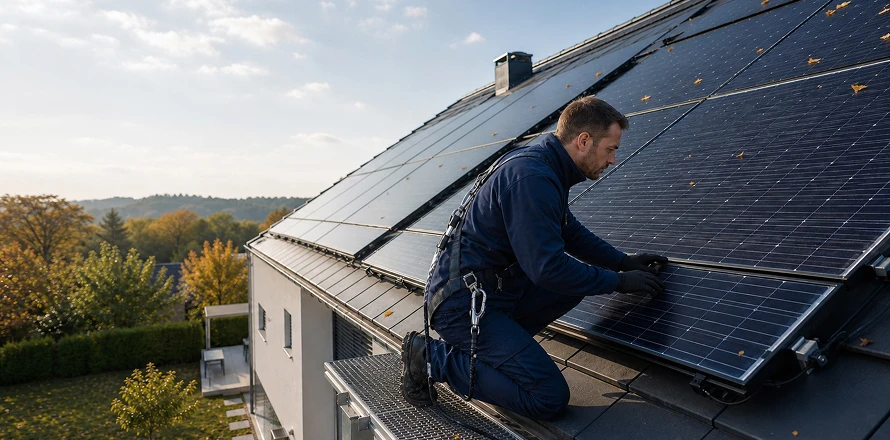 Technik kontroluje fotovoltaické panely před podzi
