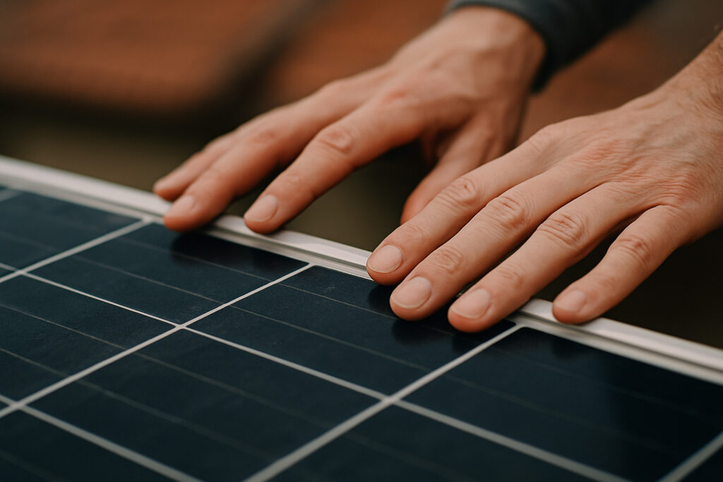 Hodnoty ve fotovoltaice - detail lidských rukou jemně se dotýkajících okraje solárního panelu