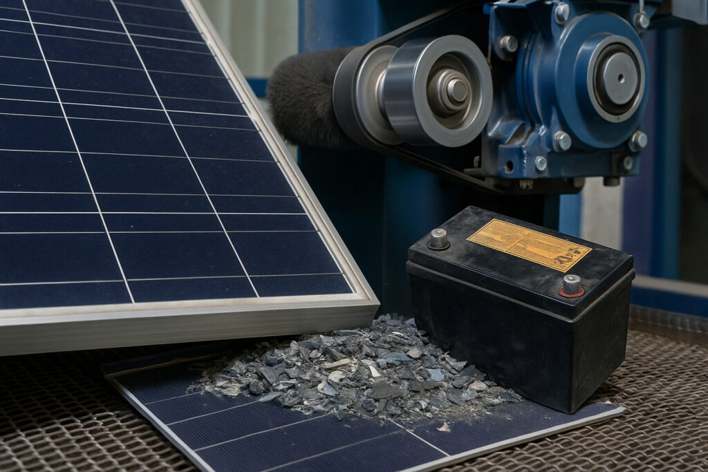 Ekologická likvidace solárních panelů a baterií - solární panel v procesu mechanické recyklace